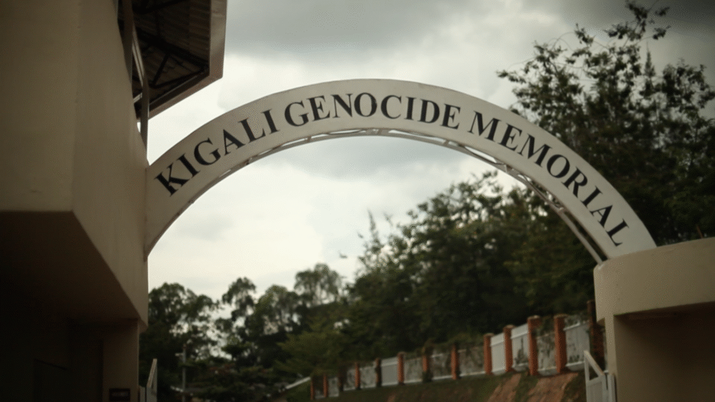 Exterior view of the Kigali Genocide Memorial with its peaceful gardens and remembrance sculptures in Kigali, Rwanda